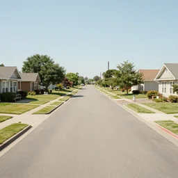 Grainy photograph of a liminal middle class American suburb, clean, empty street, broad daylight, octane render, 3d render, flat lighting