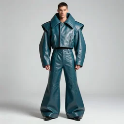 an award - winning editorial photo of a teal cropped extremely baggy ancient medieval designer menswear leather jacket with an oversized large collar and baggy bootcut trousers designed by alexander mcqueen, 4 k, studio lighting, wide angle lens