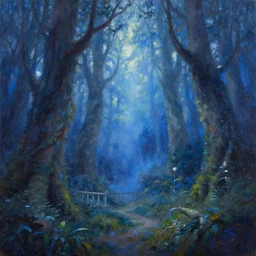 oil painting of fantasy magic forest, by greg rutkowski, blue