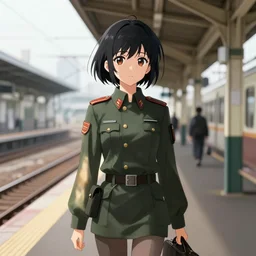 anime girl with short black hair wearing military clothes at a train station in japan, aesthetic, wlop, digital painting, trending on artstation, highly detailed, epic composition, 8 k uhd