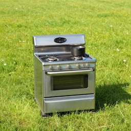 a random stove in the middle of an grassy field, realism, hdr, clear image,