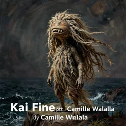 A beautiful body art of a human-like creature with long, stringy hair. The figure has no eyes, only a mouth with long, sharp teeth. The creature is standing on a cliff overlooking a dark, foreboding sea. Kai Fine Art by Camille Walala, by Walt Disney ordered