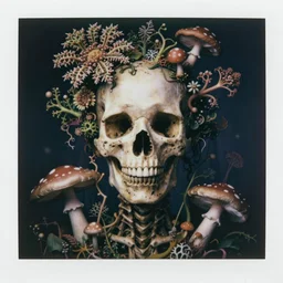 a beautiful detailed front view portrait of a rotten woman corpse becoming a skull with fractal plants and fractal flowers and mushrooms growing around, baroque, volumetric light, beautiful lit, polaroid photography