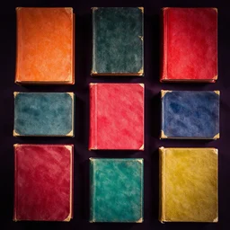 flatlay antique book collection, vivid colors, dramatic lighting