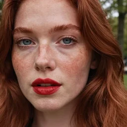 close up photo of the left side of the face of a woman with blue eyes and wavy long red-brown hair, red detailed lips and freckles who looks directly at the camera. Slightly open mouth. Whole head visible and covers half of the frame, with a park visible in the background. 135mm nikon. Intricate. Very detailed 8k. Sharp. Cinematic post-processing. Unreal engine. Nanite. Ray tracing. Parallax. Tessellation
