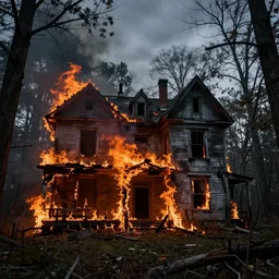 a picture of an abandoned haunted house burning in the middle of the woods