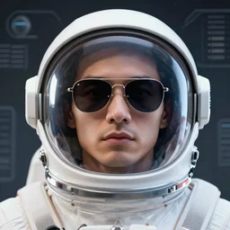 retrofuturistic portrait of a man with sunglasses in astronaut helmet, smooth transparent visor, reflective gradient, detailed space graphics in background, close up, quint buchholz, wlop, dan mumford, artgerm, liam brazier, peter mohrbacher, raw, featured on artstation, octane render, cinematic, elegant, intricate, 8 k