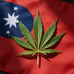 cannabis leaf on the aboriginal australian flag with a dark blue patch and the white stars southern cross