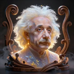 einstein made of soft translucent wax, wooden art nouveau swirls, strong subsurface scattering, smoke, fractals, gold elements, subsurface scattering, in the style of ruan jia and beeple and giger, subsurface scattering, mystical colors, back light, rim light, dramatic lighting, 8 k, stunning scene, octane render, artstation