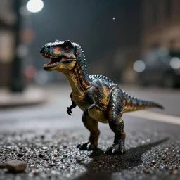 a beautiful photo by saul leiter of a tiny dinosaur standing in the street at night, tiny gaussian blur, insanely detailed, insanely intricate, insanely beautiful, depth of field, low contrast, snowy, wide aperture