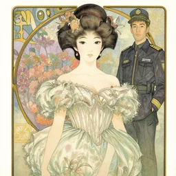 a copic maker art nouveau portrait of a japanese anime girl detailed features wearing weeding puffy dress and a pilot suit designed by balenciaga by john berkey, norman rockwell akihiko yoshida