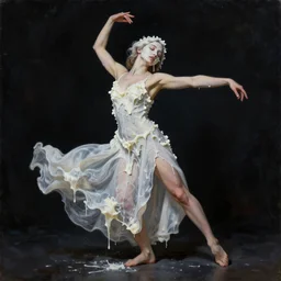 Beautiful portrait of dancing woman with closed eyes covered with melted white candle wax by Nicola Samori and Rafaelle Monti, black background, dramatic volumetric lighting, full body portrait, highly detailed oil painting, trending on artstation, 4k, masterpiece