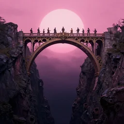 exquisite ornate bridge over dark dangerous ravine under pink sunk, highly detailed, cinematic, synthwave, tim white, vladimir kush, chris foss, roger dean, philippe druillet, michael whelan, lisa frank, bob eggleton, alfred kelsner, kubrick