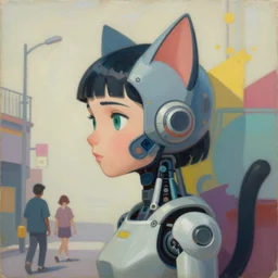 Greg Manchess portrait painting of a cyborg cat girl, medium shot, asymmetrical, profile picture, Organic Painting, sunny day, Matte Painting, bold shapes, hard edges, street art, trending on artstation, by Huang Guangjian and Gil Elvgren and Sachin Teng