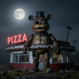 abandoned freddy fazbear pizzaria, foggy atmosphere, full moon, at night, real life location, high resolution, shot on nikon d 3 2 0 0