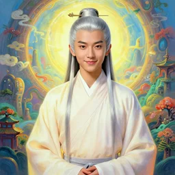 portrait painting of a 6 0 year old kind handsome taoist priest ， looks like keanu reeves ， silver ponytail hair, amiable by yangjun chen, nadar, bright colors, octopath traveler, unreal engine 5 highly rendered, global illumination, radiant light, detailed and intricate environment