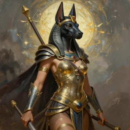 full portrait of a beautiful female Anubis warrior, Mystical Valkyrie, Eternal battle, very beautiful, character illustration by Michael Cheval, Regal Realistic Refined, Detailed Digital Art, Oil Painting, William-Adolphe Bouguereau, Art Frahm, Steampunk, Walt Disney (1937), Rossdraws, frank frazetta, dynamic lighting, Highly Detailed, Cinematic Lighting, Unreal Engine, 8k, HD