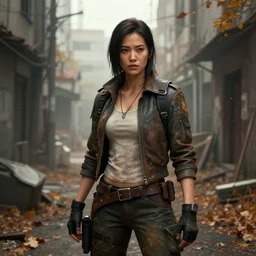 fallout 5, charismatic beautiful rugged asian female protagonist, portrait, outdoors in a dilapidated tokyo back alley, atmospheric lighting, painted, intricate, volumetric lighting, daytime, autumn, fog, sharp focus, ultra detailed, art by william turner and ross tran