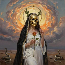 oil paint. woman with metalic gold skeleton mask, wearing white and black virgin attire wearing an aureola made of gold, cactus and pearls over the head, holding a rose in a hand, with warm backlight behind a whirlpool of clouds forming acircular background. sunset light. beneath there's a barren land with serpents. apocalyptic.