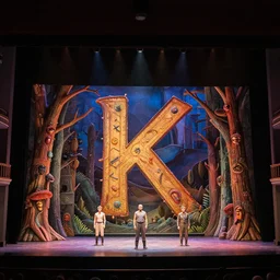 photo of a huge theaterstage, play is electra, 3 actors on stage, 8 k, multicolored, exaggerated detailed, long shot