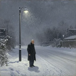 a thin bald grandfather without eyes stands on a snowy road near a luminous lamppost, winter, blizzard, night, cold, terrible, fog, very dark, oil on canvas, naturalism