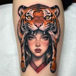 tattoo design of a beautiful girl face, the girl is wearing a tiger head hat, hyper detailed, in the design of eliot kohek