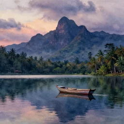 watercolor painting of tropical lake with small fishing boat, dusk, reflections, tall mountains and clouds, moody, colorful, cinematic light, masterful