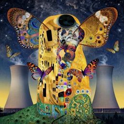 wonderful butterfly of fractals and patterns flying around a nuclear power plant, hyper detailed, intricate and detailed, ornate 8 k gorgeous intricate detailed, octane render, by sc escher, gustav klimt, egon schiele and hr giger