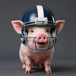 studio photograph of a pig wearing a football helmet depicted as a muppet