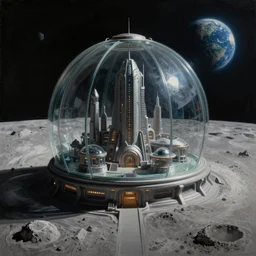 a matte masterpiece painting of an arcturian futuristic glass domed city outpost on the moon, earth in the distant background, highly detailed, in the style of greg rutkowski and remedios varo, dark moody lighting, hyper photorealism, trending on artstation, 8 k