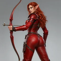 Female elf archer, dnd, d&d, leggins, red skintight leather armor, red hair, Low-Angle, visible face!, beautiful face!, alluring, D-cup, toned derriere, high fantasy, realistic!, extremely detailed, matte painting, by wlop and tomasz alen kopera, octane