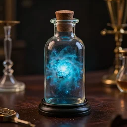 a cyan nebula in a bottle on the magician desk