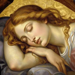 sleeping female face portrait, dream fresco by michealangelo, golden paiting, epic light