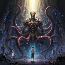 dreaming of the possibilities of the universe the stage of the underworld the ghosts of souls of tomorrowland of the dark hallows the tentacles of this steampunk exoskeleton by dan mumford, yusuke murata, makoto shinkai, ross tran, cosmic, heavenly, god rays, intricate detail, cinematic, cel shaded, unreal engine, featured on artstation, pixiv