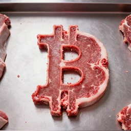 raw meat shaped like bitcoin, on butchery floor, real photo, top down view