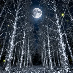 wrought silver forest under a moonlit star filled sky filled with fireflies