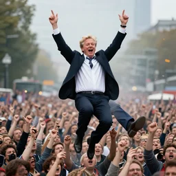 megalomaniac geert wilders floating in the air and raising both his arms amid epic crowd