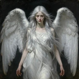 say who is this with silver hair so pale and wan! and thin!? female angel, wearing long silver hair flowing hair, pale fair skin, you g face, silver hair, covered!!, clothed!! lucien levy - dhurmer, fernand keller, oil on canvas, 1 8 9 6, 4 k resolution, aesthetic!, mystery