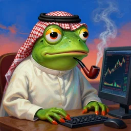 portrait of pepe the frog wearing saudi qamis! smoking pipe front of the computer, stock price chart on computer screen, ( 1 7 th century ), digital art, wet - on - wet technique, realistic, expressive emotions, intricate textures, illusionistic detail, peter mohrbacher, epic, artstation, vivid sky, junji ito, detailed hands,