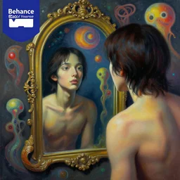 an airbrush painting of a person looking in a mirror, a surrealist painting by Taro Okamoto, behance contest winner, psychedelic art, surrealist, cosmic horror, biomorphic
