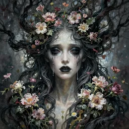 a beautiful terrifying female monster portrait black eyes twisted trees, crying tears, bloom made of flowers. ethereal horror fantasy art by greg rutkowski and raymond swanland and monet