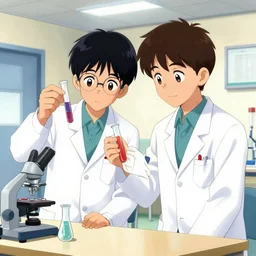 cartoon of 2 lab science students at internship looking at a test tube, manga style