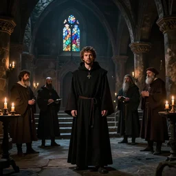 jesse eisenberg as an enigmatic medieval christian ( ( monk ) ) in a dark underground city. dark shadows, colorful, candle light, law contrasts, ( ( natural light ) ) ) fantasy concept art by jakub rozalski, jan matejko, and j. dickenson