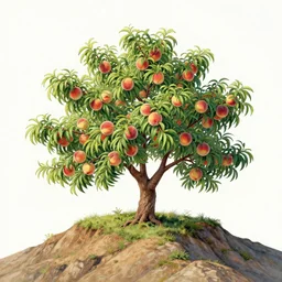 a peach tree full of peaches on a mountain ridge by moebius
