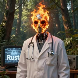 An album cover, fire, mask, stethoscope!, (doctor), 3d render, robot!, TV!, (unreal engine), (rust), photograph, portrait, painting, (((forest))), (((trees)))