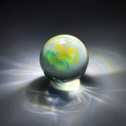 a colored glass ball with with light caustics on the floor