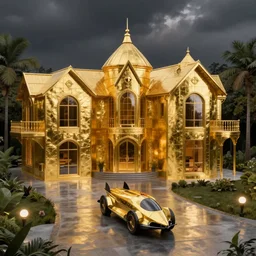 metallic gold mansion with a rocket car in the driveway