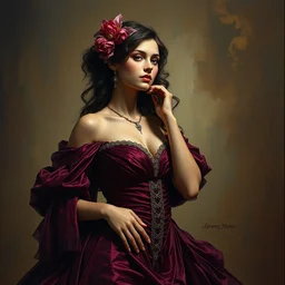 an intricate artistic pose painting of a beautiful young victorian lady with an artistic pose wearing a beautiful velvet dress, hyper detailed, octane render, vivid colors, artstation, by jeremy mann, alphonse mucha, by boris vallejo