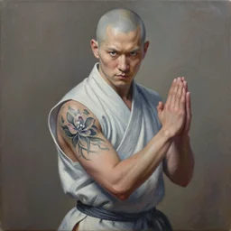 A detailed matte oil on canvas painting of a white male martial artist monk, orchid arm tattoos  by greg rutkowski and artgerm, trending on artstationhd,  dungeons and dragons art