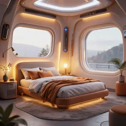 a hyperrealist photography of a futuristic cozy bedroom by greg rutkowski, octane render, artstation, masterpiece